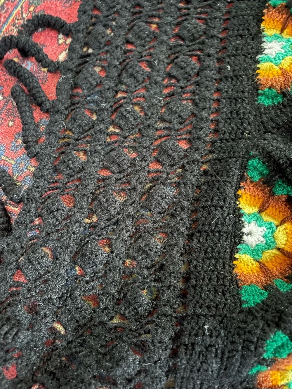 Handmade Black Crochet afghan with Green and Orange Floral Motif